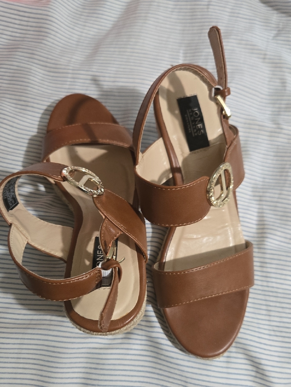 Jones New York Tan Leather-Look Strappy Sandals with Gold Buckles